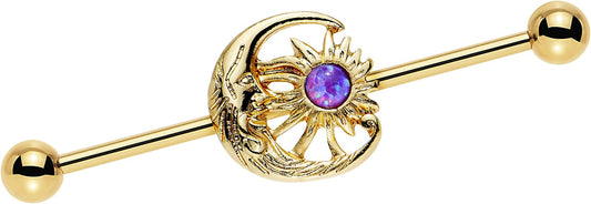 Body Candy Gold Anodized Steel Purple Synthetic Opal Moon Sun Helix Earring Industrial Barbell 14 Gauge 38Mm Apparel & Accessories > Jewelry > Body Jewelry Body Candy