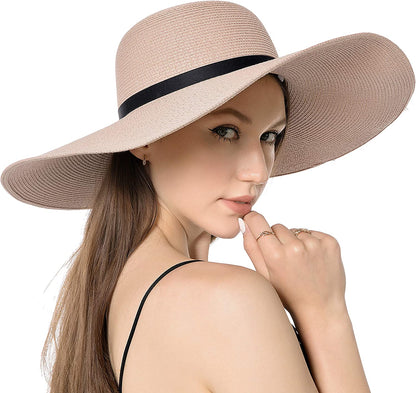 Muryobao Womens Wide Brim Straw Sun Hat Floppy Foldable Roll up Cap UPF 50+ Summer Beach Hats Apparel & Accessories > Clothing Accessories > Hats Muryobao Z-extra Large Brim Pink  