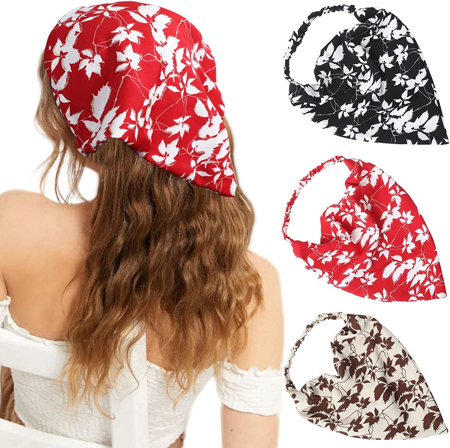 Floral Elastic Hair Scarf Headband - 3 PCS Chiffon Head Kerchief Headband Floral Hair Scarves with Hair Clips Hair Bandanas Apparel & Accessories > Clothing Accessories > Bandanas & Headties AWAYTR Leaf(Red/Black/Light coffee)  