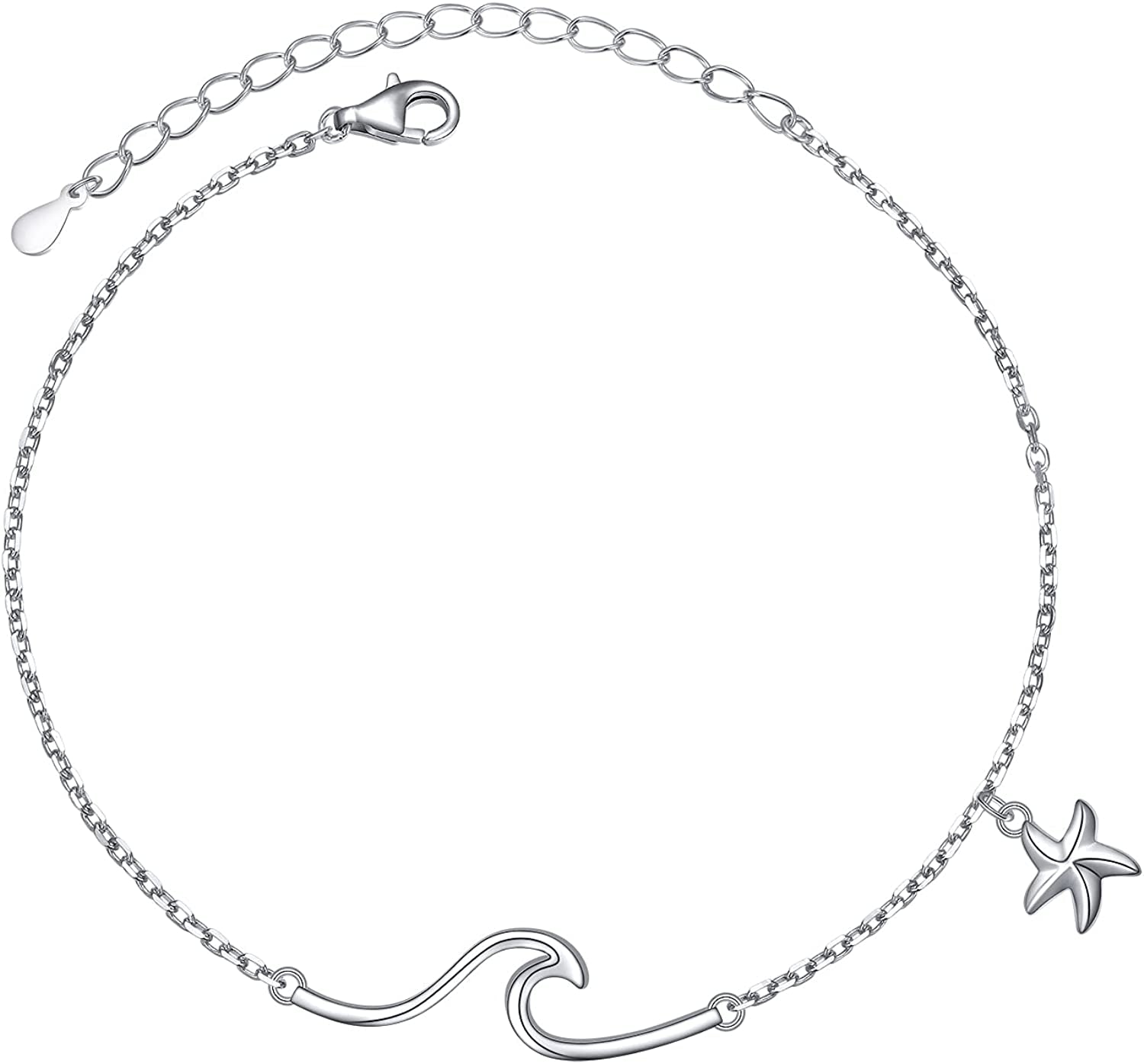 Wave Ocean Beach Sea Anklet for Women S925 Sterling Silver Adjustable Starfish Layered Ankle Foot Bracelet Apparel & Accessories > Jewelry > Anklets Alphm Wave Starfish  
