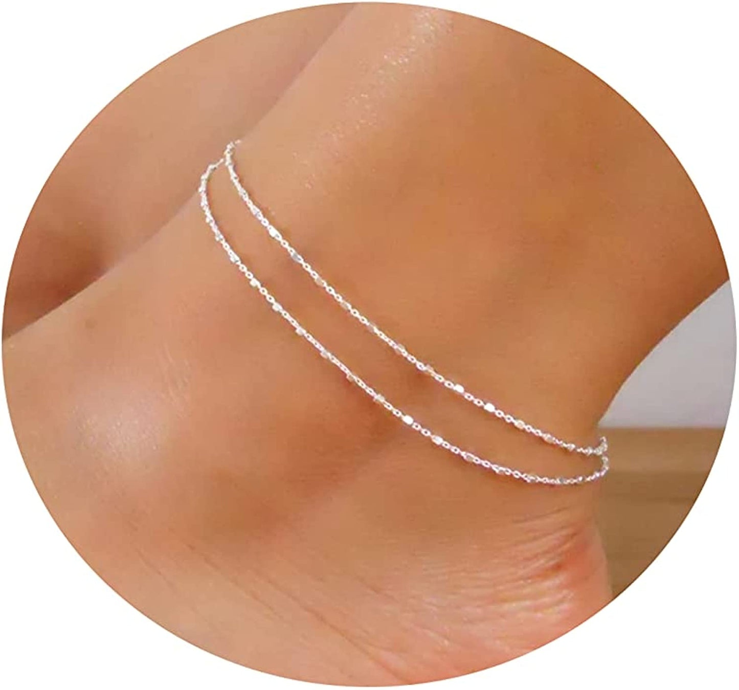 Tasiso 14K Gold Plated Layered Satellite Beads Heart Anklets Layering Rhinestone Cubic Zirconia Ankle Bracelets for Women Minimalist Summer Beach Foot Chain Ankle Jewelry Gifts Apparel & Accessories > Jewelry > Anklets Tasiso 2 Layered Square Dot-Silver  