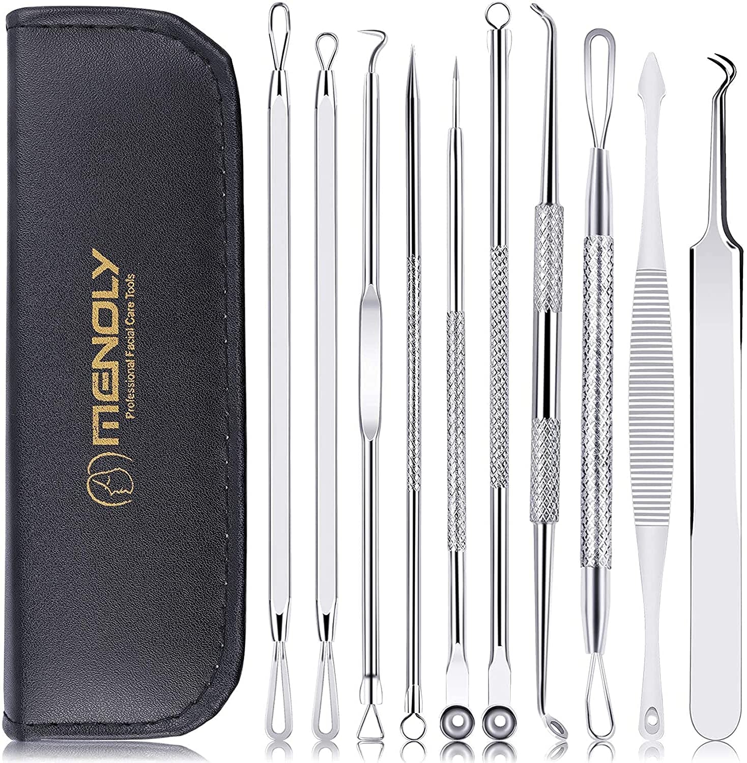 Black Head Remover Pimple Popper Tool Kit 10 Pcs, Comedone Pimple Extractor Tool, Acne Kit for Blackhead, Whitehead Popping, Zit Removing(Silver) Health & Beauty > Personal Care > Cosmetics > Cosmetic Tools > Skin Care Tools MENOLY 1-silver  