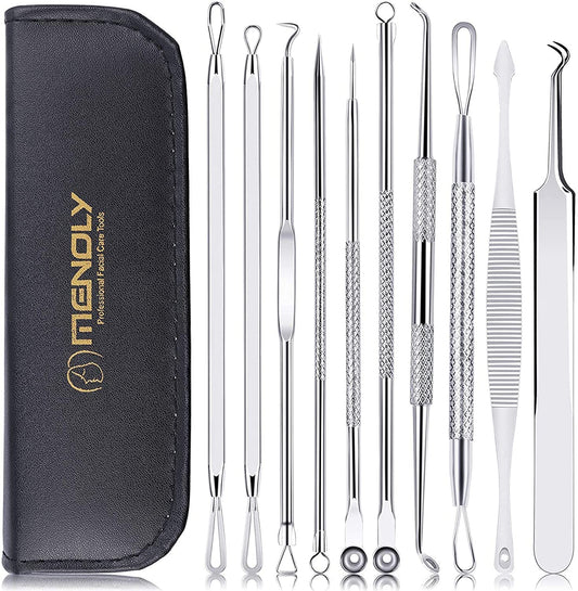 Black Head Remover Pimple Popper Tool Kit 10 Pcs, Comedone Pimple Extractor Tool, Acne Kit for Blackhead, Whitehead Popping, Zit Removing(Silver) Health & Beauty > Personal Care > Cosmetics > Cosmetic Tools > Skin Care Tools MENOLY 1-silver  