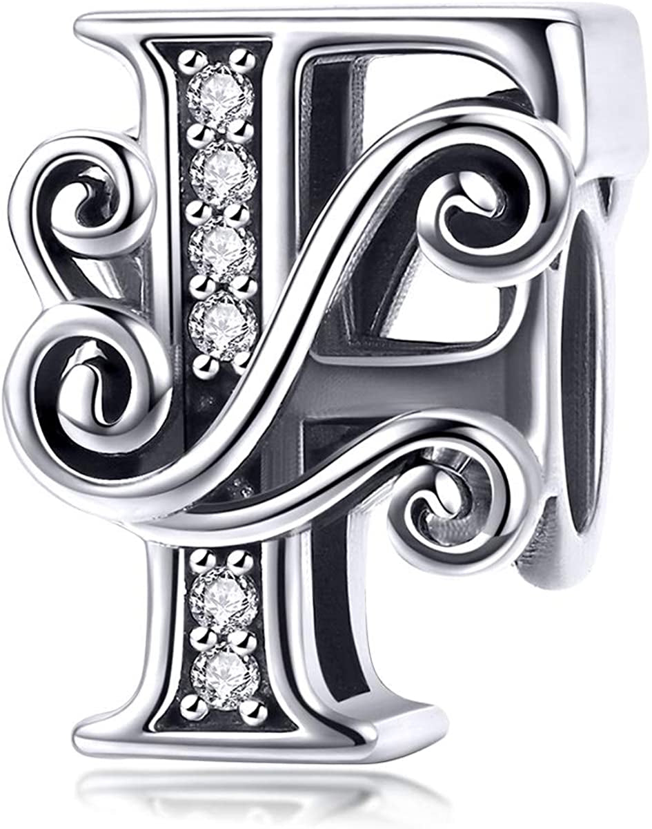 Solid 925 Sterling Silver with Cubic Stones, Complete A~Z Gift Options Alphabet Charm Letter Beads Fit Pandora European Bracelets Apparel & Accessories > Jewelry > Bracelets ABAOLALA ALPHABET F  