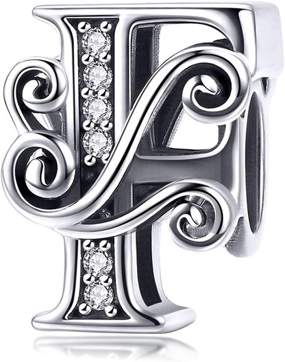 Solid 925 Sterling Silver with Cubic Stones, Complete A~Z Gift Options Alphabet Charm Letter Beads Fit Pandora European Bracelets Apparel & Accessories > Jewelry > Bracelets ABAOLALA ALPHABET F  