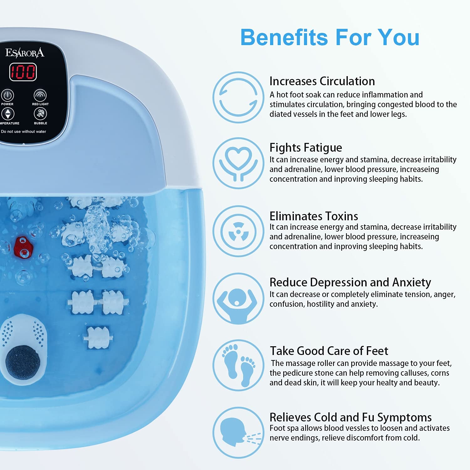 Foot Spa, ESARORA Foot Bath Massager with Heat, Bubbles, Pumice Stone, Medicine Box, Temperature Control, Red Light, Ergonomic Massage Rollers and Acupressure Massage Points, Light Blue Health & Beauty > Personal Care > Foot Care ESARORA   