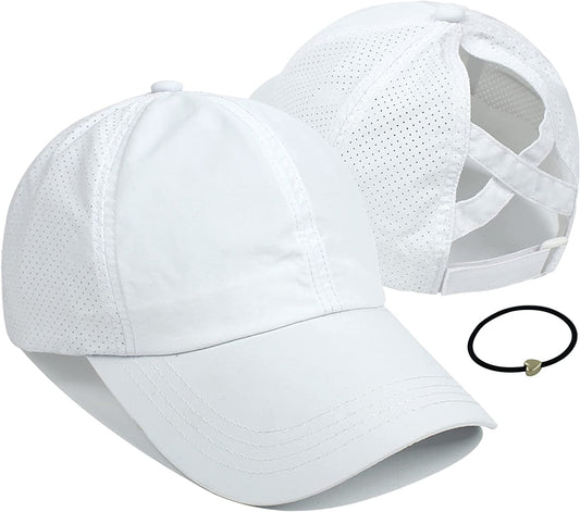 Mukeyo Womens Criss Cross Ponytail Baseball Cap Adjustable Messy High Bun Ponycap Quick Drying Hat Apparel & Accessories > Clothing Accessories > Hats Mukeyo White  