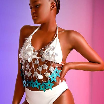 Sexy Body Chain Bikini Silver Tassel Star Sequins Bra Halter Backless Crop Top Shell Beach Party Chest Chains Jewelry for Women Apparel & Accessories > Jewelry > Body Jewelry China   