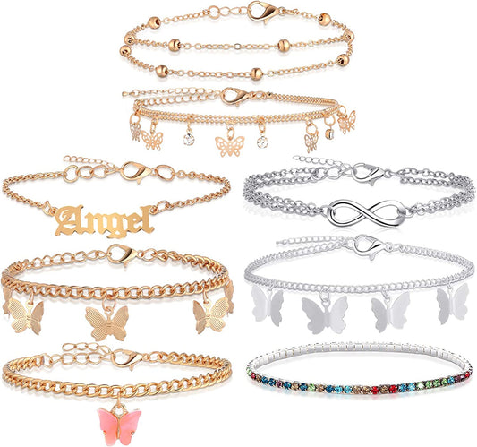 Hicarer 8 Pieces Anklets for Women Cute Charms Butterfly Ankle Bracelets Colorful Rhinestone Anklets Boho Beach Layered Chain Anklets for Girls Foot Jewelry Apparel & Accessories > Jewelry > Anklets Hicarer   