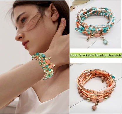 SAMOCO 9 Sets Bohemian Stackable Bead Bracelets for Women Stretch Multilayered Bracelet Set Multicolor Jewelry Apparel & Accessories > Jewelry > Bracelets SAMOCO   