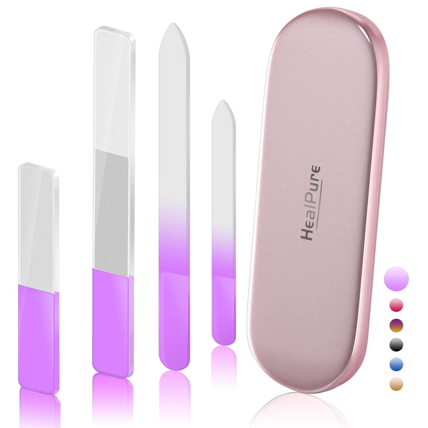 Glass Nail File and Nail Shiner, 4PC Crystal Nail File and Nano Glass Nail Buffer, Premium Set with Case, Professional Manicure Tool Fingernail Czech File for Natural Nail, Gift for Women and Girls Health & Beauty > Personal Care > Cosmetics > Cosmetic Tools > Nail Tools HealPure Purple  