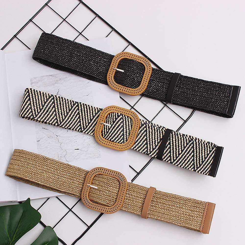 Women Skinny Dress Belt, Fashion Straw Woven Elastic Stretch Waist Band Wood Buckle Belt Apparel & Accessories > Clothing Accessories > Belts YUCFOREN   