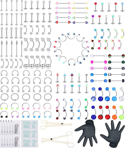 Ubjuliwa 148Pcs - 185Pcs Body Piercing Jewelry for All Piercings, Tongue Nipple Rings Eyebrow Lip Belly Button Barbell Nose Piercing Tragus Navel Body Jewelry for Women Piercings 14G-18G Apparel & Accessories > Jewelry > Body Jewelry Ubjuliwa style5  
