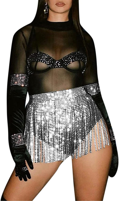 RARITYUS Women Sexy Rave Glitter Rhinestone Tassel Body Chains Skirt Waist Belt Jewelry for Party Festival Dance Nightclub Apparel & Accessories > Jewelry > Body Jewelry RARITYUS White Diamond Skirt  