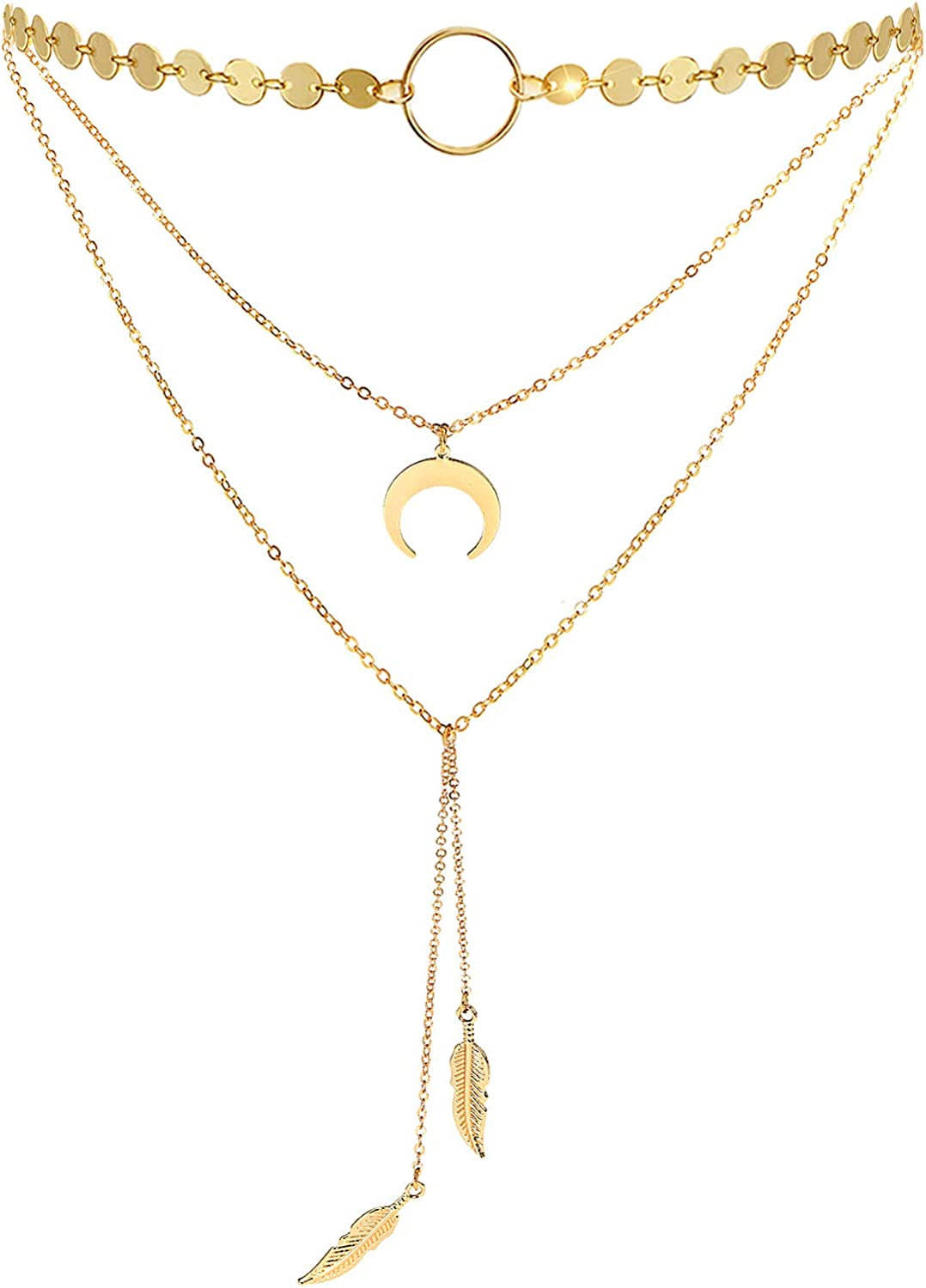 Suyi Stylish Layered Sequins Choker Necklace with Thin Long Chain Pendant for Women Lady Girl Apparel & Accessories > Jewelry > Necklaces Suyi Moon Leaf Gold  