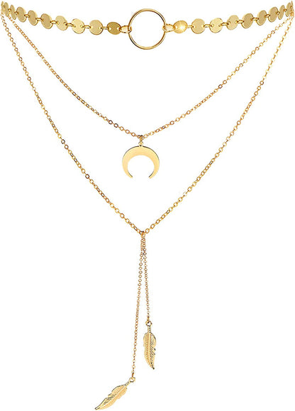 Suyi Stylish Layered Sequins Choker Necklace with Thin Long Chain Pendant for Women Lady Girl Apparel & Accessories > Jewelry > Necklaces Suyi Moon Leaf Gold  