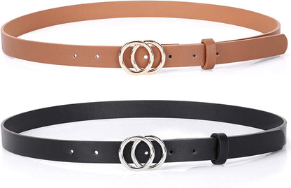 Double Ring Leather Belts for Women SANSTHS O-Style Gold Buckle Skinny Dress Belt 0.86 Inch Width for Jeans Pants Apparel & Accessories > Clothing Accessories > Belts SANSTHS F-silver Buckle Black + Gold Bukle Brown Fit Pants Size 46-50Inch 