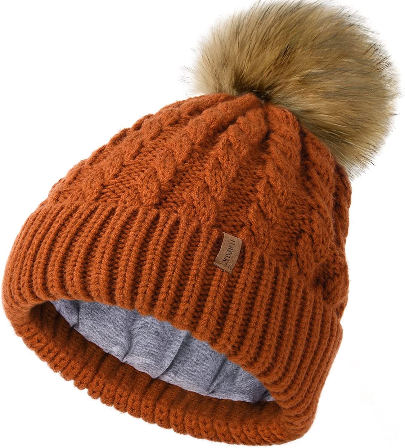FURTALK Winter Beanie Hat for Women Cotton Lined Faux Fur Pom Pom Hats Womens Warm Thick Knit Skull Cap Apparel & Accessories > Clothing Accessories > Hats KYLIE MAX 03 Dark Orange One Size 