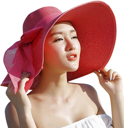 Lanzom Womens 5.5 Inches Big Bowknot Straw Hat Large Floppy Foldable Roll up Beach Cap Sun Hat UPF 50+ Apparel & Accessories > Clothing Accessories > Hats Lanzom Red One Size 
