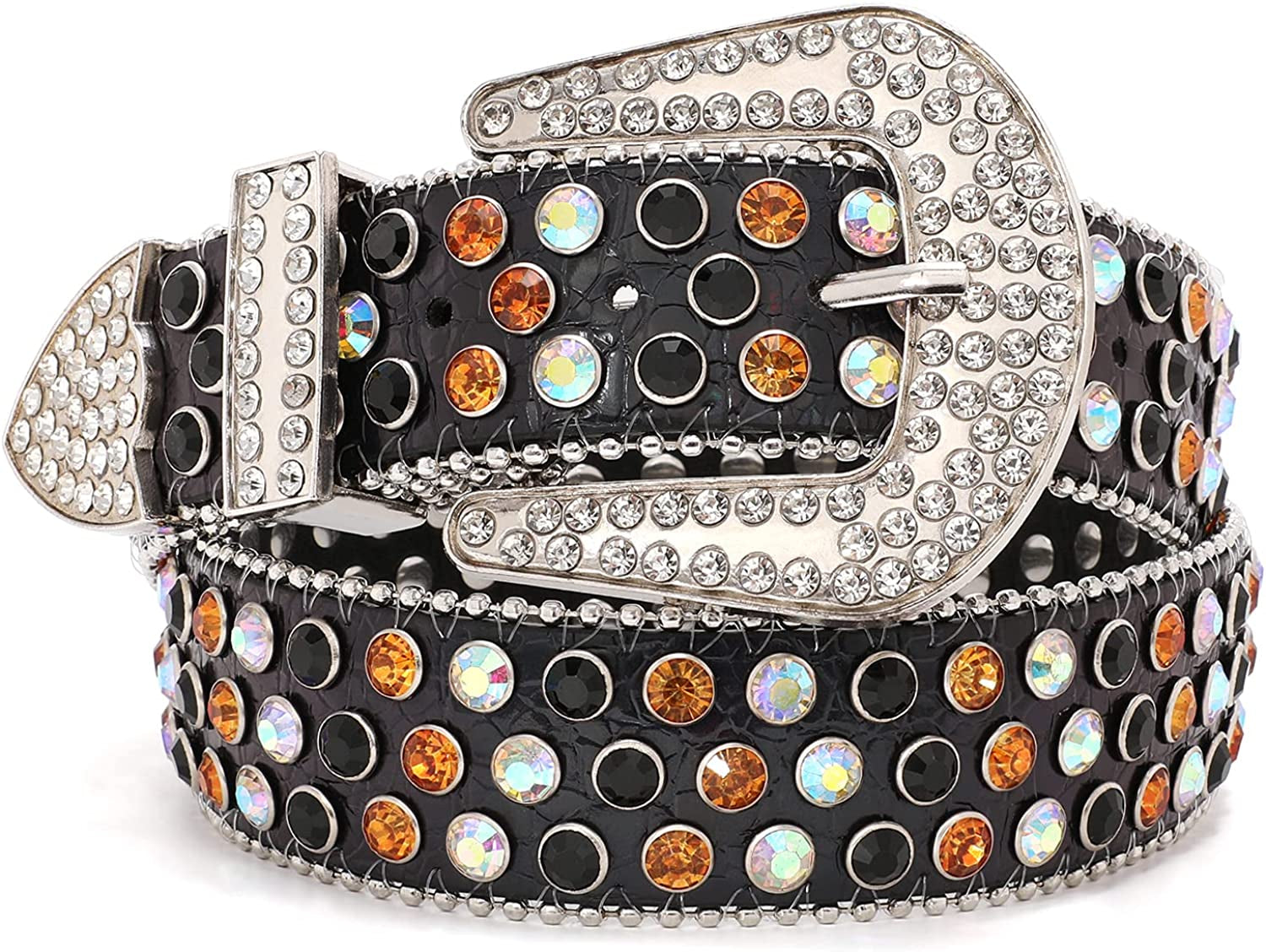 Rhinestone Belt for Men Women SUOSDEY Western Cowboy Cowgirl Bling Studded Leather Belt for Jeans Pants Apparel & Accessories > Clothing Accessories > Belts SUOSDEY 13-black XXL: fits pants size 47”-50” 