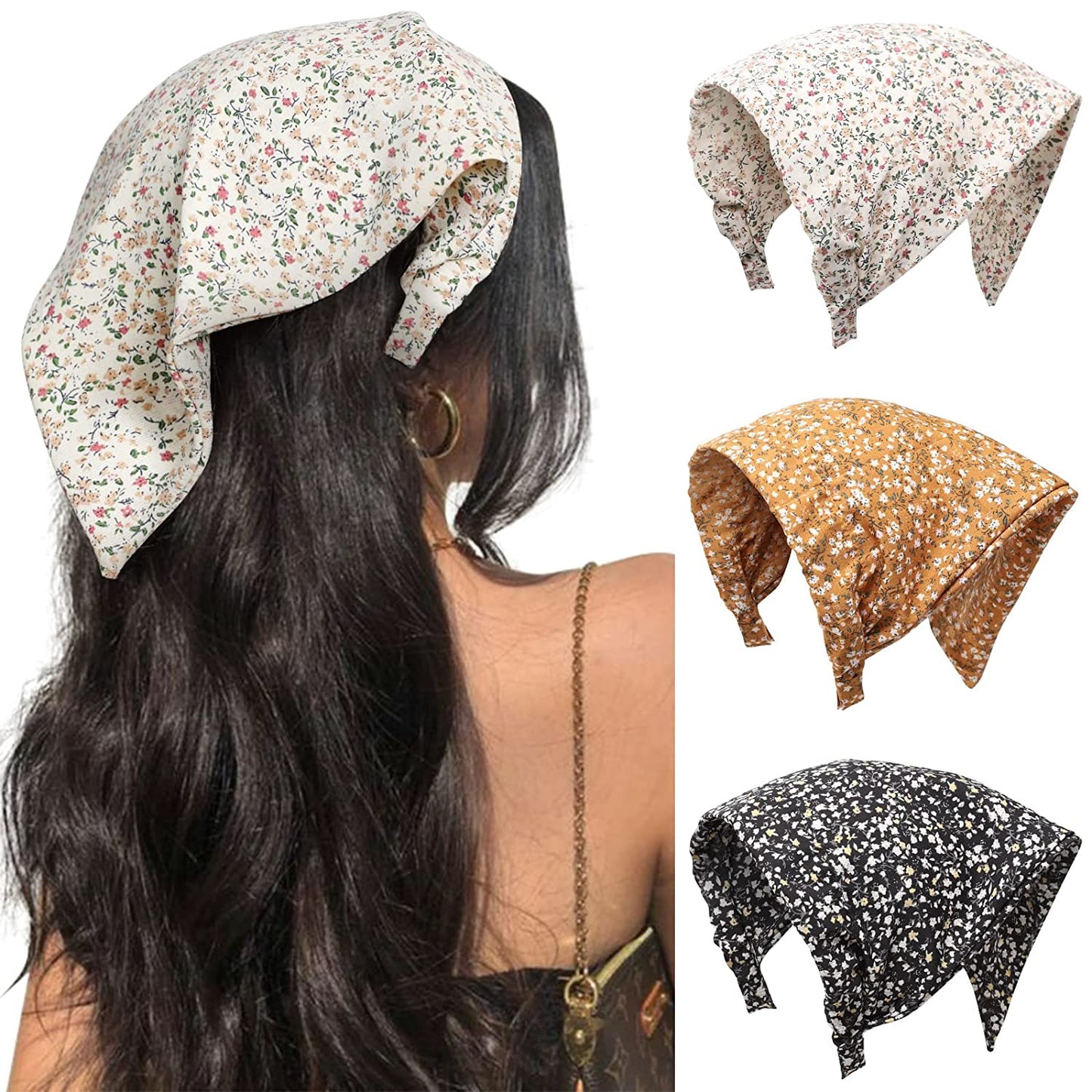Floral Hair Scarf Headbands for Women - HAIMEIKANG Boho Hair Bandanas Scarf for Women Triangle Head Kerchief Solid Color Hair Bands Vintage Head Scarf (Beige+Yellow+Black) Apparel & Accessories > Clothing Accessories > Bandanas & Headties HAIMEIKANG Beige+Yellow+Black  