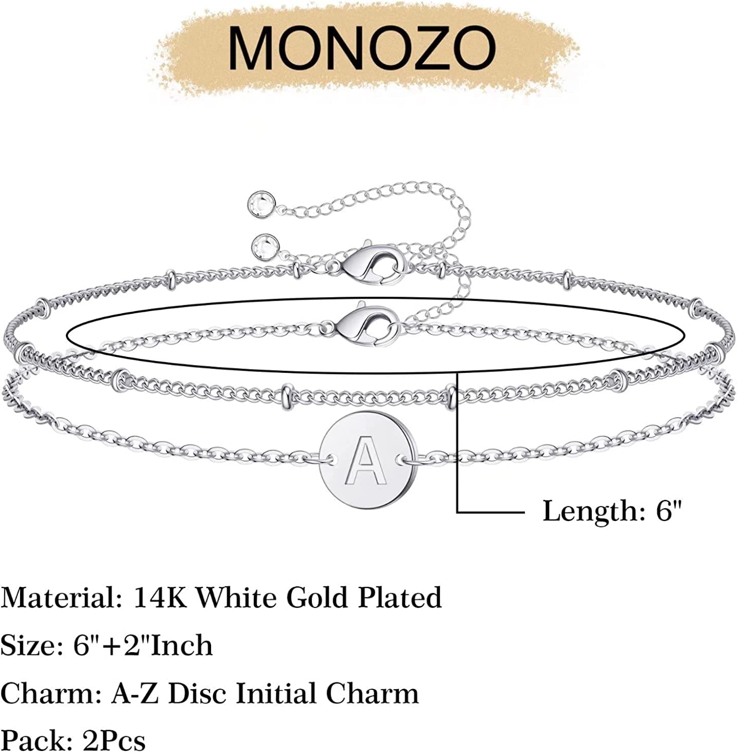 Silver Initial Bracelets for Women Teen Girls, 14K White Gold Filled Layered Letter Initial Bracelet Dainty Disc Initial Charm Bracelets Silver Bracelets for Women Girls Jewelry Gifts for Girls Apparel & Accessories > Jewelry > Bracelets MONOZO   