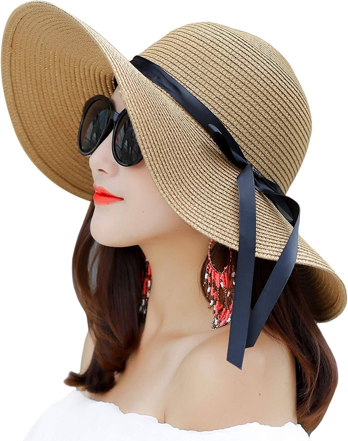 Muryobao Womens Wide Brim Straw Sun Hat Floppy Foldable Roll up Cap UPF 50+ Summer Beach Hats Apparel & Accessories > Clothing Accessories > Hats Muryobao Khaki  