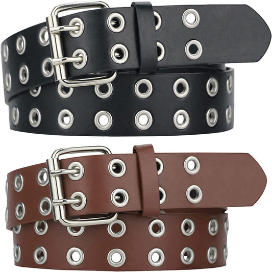 Grommet Leather Belts for Women, Black Belt Women Men with Double Studded Holes Apparel & Accessories > Clothing Accessories > Belts macoking Black+brown-double Holes Fit for waist up to 33" 