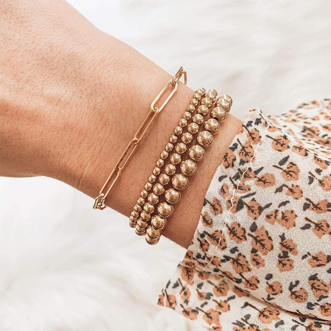 Reoxvo Dainty Gold Beaded Bracelets Set for Women 14K Gold Plated Stackable Bracelets for Women Elastic Stretch Gold Bracelet Trendy Jewelry Apparel & Accessories > Jewelry > Bracelets Reoxvo   