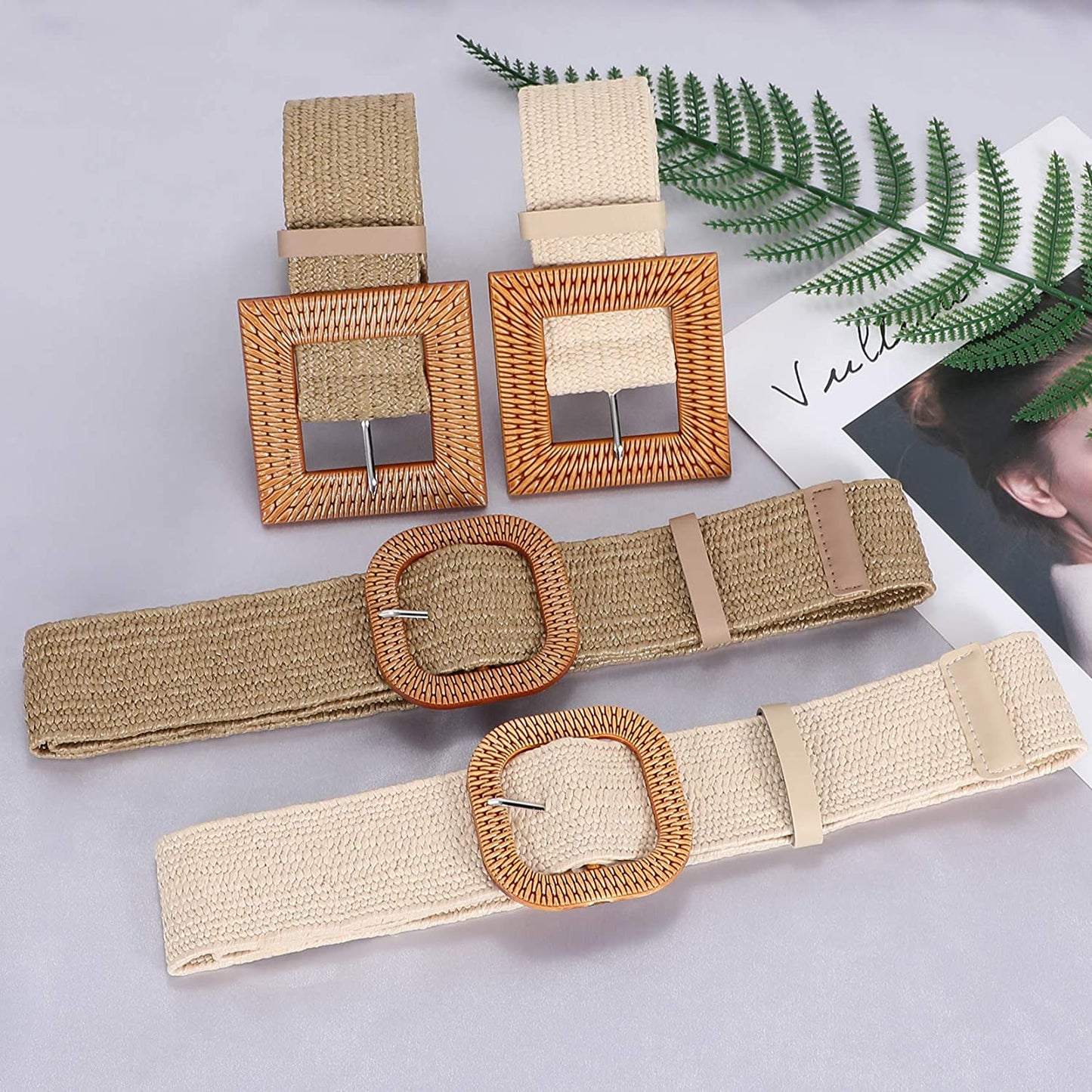 Set of 4 Straw Woven Elastic Stretch Waist Belts for Women, Fashion Boho Ladies Braided Skinny Dress Belt by WHIPPY Apparel & Accessories > Clothing Accessories > Belts WHIPPY   