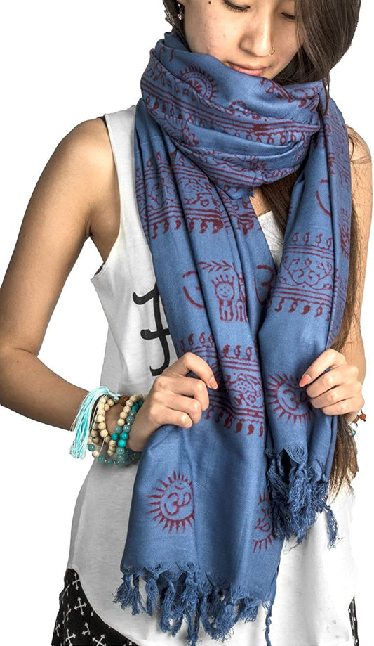 Large Om Scarf Wrap Yoga Soft Cotton Mix Hand Printed Boho Bohemian White Black Yellow Apparel & Accessories > Clothing Accessories > Scarves & Shawls Tribe Azure Blue  