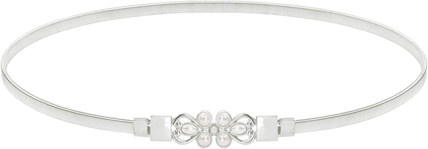 GRACE KARIN Women Skinny Metal Cinch Belt Gold Waistband Elastic Waist Belt CL633 Apparel & Accessories > Clothing Accessories > Belts GRACE KARIN Silver-pearl Small 
