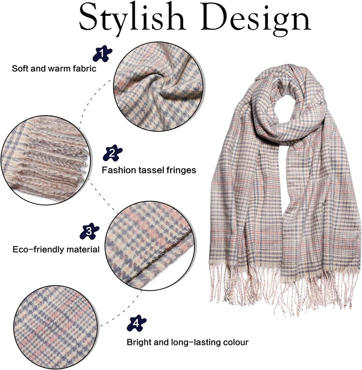 SOJOS Winter Warm Tartan Plaid Houndstooth Checked Soft Scarf Classic Cashmere Feel Shawls Wraps SC337 Apparel & Accessories > Clothing Accessories > Scarves & Shawls SOJOS   