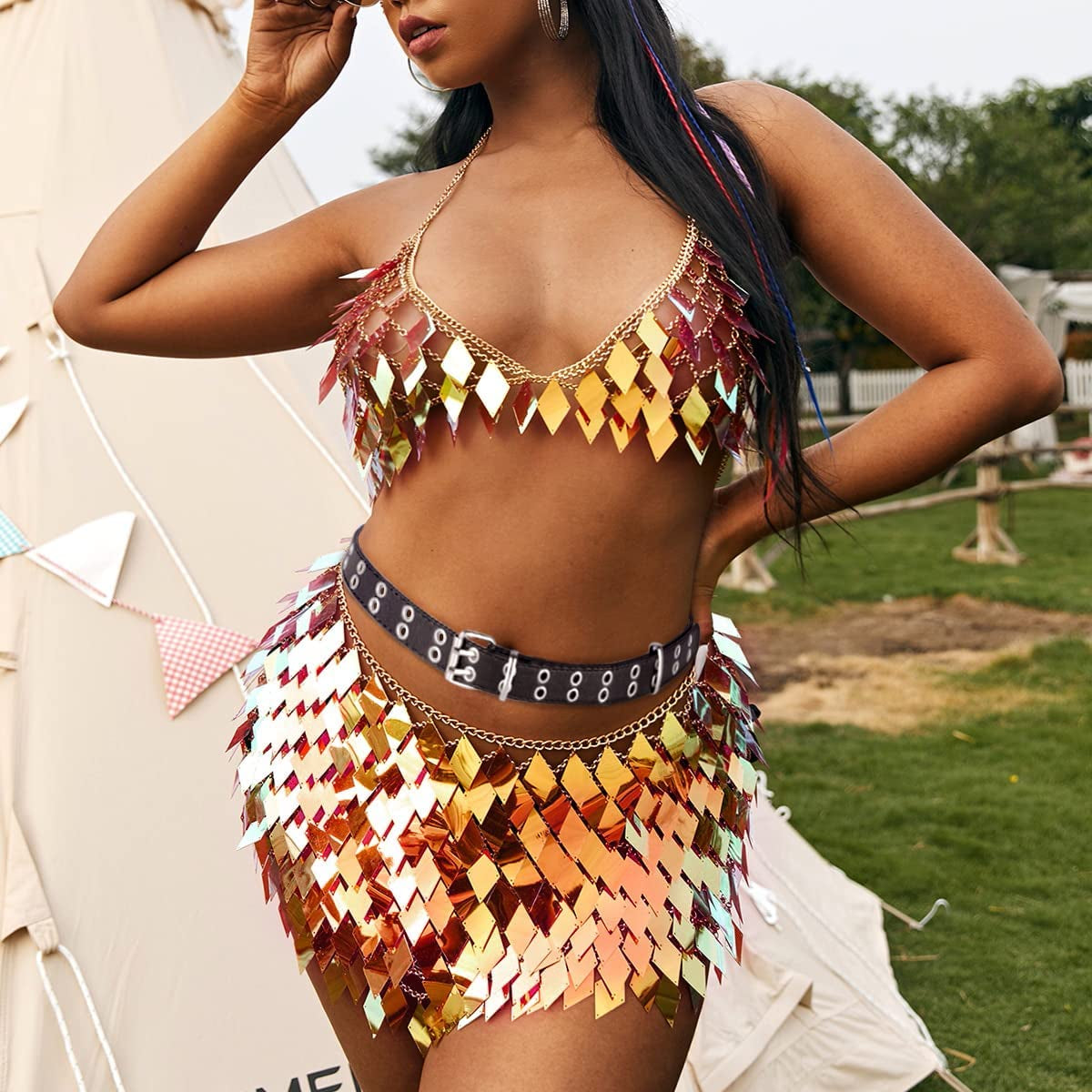Sequins Tassels Body Chain Gold Bra Skirts Set Sexy Bikini Rave Festival Party Beach Fashion Accessories Jewelry for Women and Girls Apparel & Accessories > Jewelry > Body Jewelry DOTASI   