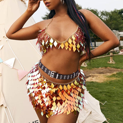Sequins Tassels Body Chain Gold Bra Skirts Set Sexy Bikini Rave Festival Party Beach Fashion Accessories Jewelry for Women and Girls Apparel & Accessories > Jewelry > Body Jewelry DOTASI   