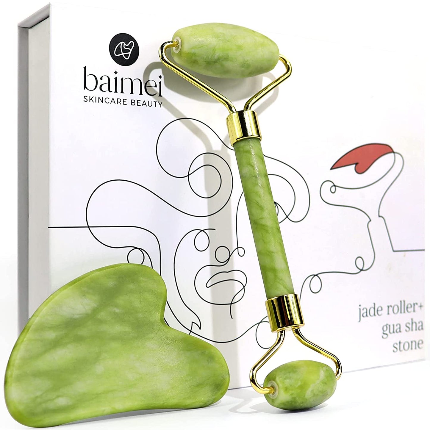Jade Roller & Gua Sha, Face Roller, Facial Beauty Roller Skin Care Tools, BAIMEI Rose Quartz Massager for Face, Eyes, Neck, Body Muscle Relaxing and Relieve Fine Lines and Wrinkles Health & Beauty > Personal Care > Cosmetics > Cosmetic Tools > Skin Care Tools BAIMEI jade green  
