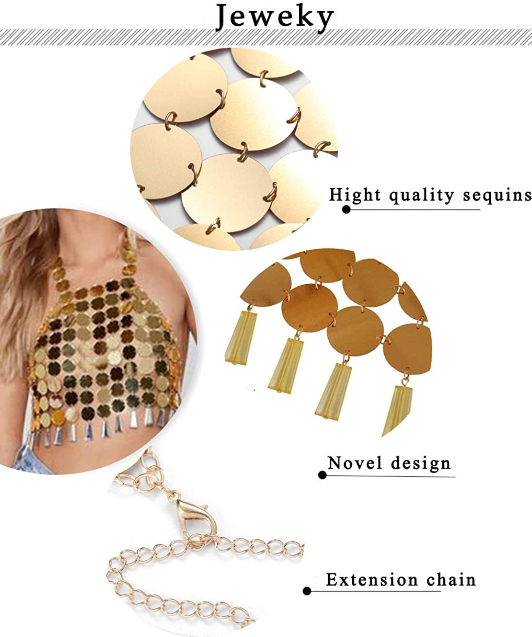 Jeweky Boho Sequins Bra Chain Gold Crop Top Body Chains Backless Beach Nightclub Rave Body Accessories Jewelry for Women and Girls Apparel & Accessories > Jewelry > Body Jewelry Artist Unknown   