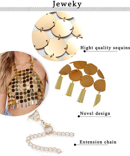 Jeweky Boho Sequins Bra Chain Gold Crop Top Body Chains Backless Beach Nightclub Rave Body Accessories Jewelry for Women and Girls Apparel & Accessories > Jewelry > Body Jewelry Artist Unknown   