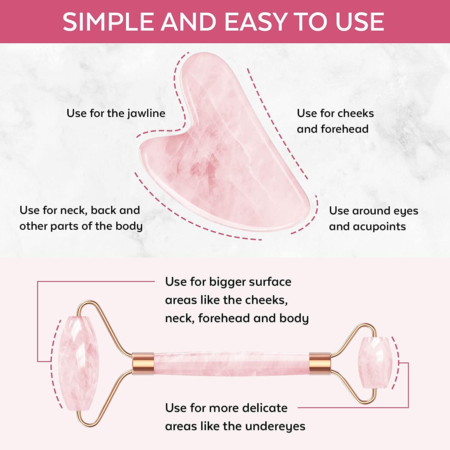 Face Roller Skin Care - Jade Roller Gua Sha Set, Rose Quartz Face Roller | Ultimate Facial Skin Care Products & Beauty Products Tools | Jade Facial Roller for Face and Eye Massager Health & Beauty > Personal Care > Cosmetics > Cosmetic Tools > Skin Care Tools June Berry   
