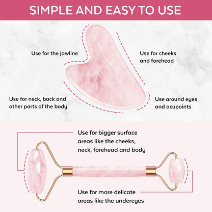 Face Roller Skin Care - Jade Roller Gua Sha Set, Rose Quartz Face Roller | Ultimate Facial Skin Care Products & Beauty Products Tools | Jade Facial Roller for Face and Eye Massager Health & Beauty > Personal Care > Cosmetics > Cosmetic Tools > Skin Care Tools June Berry   