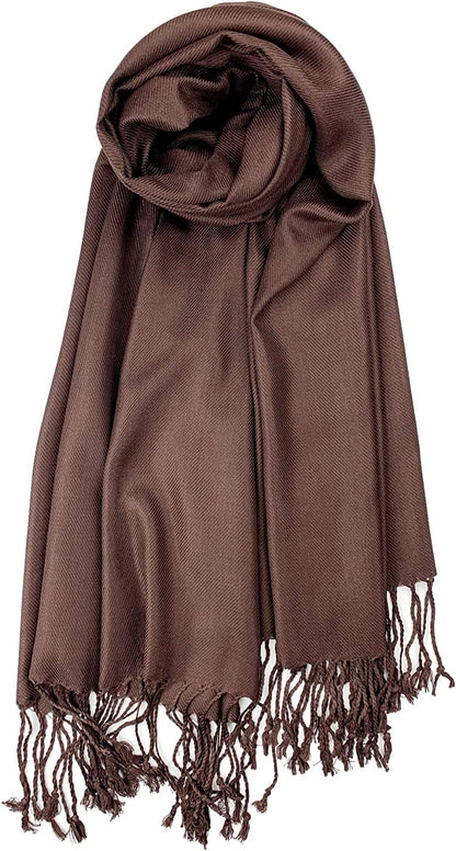 Plum Feathers Premium Solid Color and Metallic Fashion Scarf, Womens Pashmina Shawl Wrap with Fringes Apparel & Accessories > Clothing Accessories > Scarves & Shawls Plum Feathers Coffee  