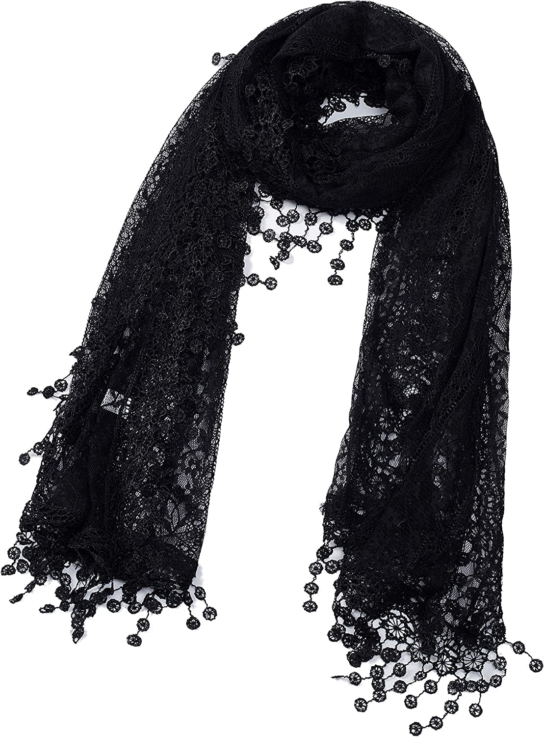 Cindy and Wendy Lightweight Soft Leaf Lace Fringes Scarf Shawl for Women Apparel & Accessories > Clothing Accessories > Scarves & Shawls Cindy and Wendy Black-2  