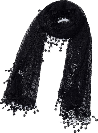Cindy and Wendy Lightweight Soft Leaf Lace Fringes Scarf Shawl for Women Apparel & Accessories > Clothing Accessories > Scarves & Shawls Cindy and Wendy Black-2  