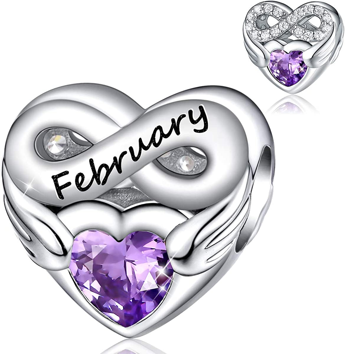 FOREVER QUEEN Birthstone Charms for Charms Bracelet- 925 Sterling Silver Love Heart Beads Infinite Love Charms, Happy Birthday Charms for Bracelet and Necklace Apparel & Accessories > Jewelry > Bracelets FOREVER QUEEN pandora charms February  