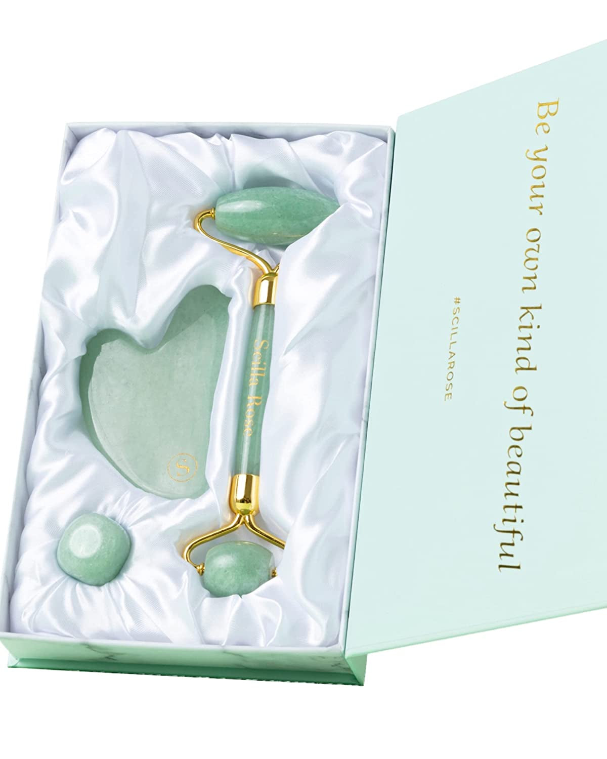 The Best Jade Roller Massaging Facial Roller, Superior and Natural for Facial Toning, Massage, Anti-Ageing, Skin Firming, Face Slimming. Lymphatic Drainage. Authentic & Genuine Beauty Tool Health & Beauty > Personal Care > Cosmetics > Cosmetic Tools > Skin Care Tools Scilla ROSE Stunning Jade Set  