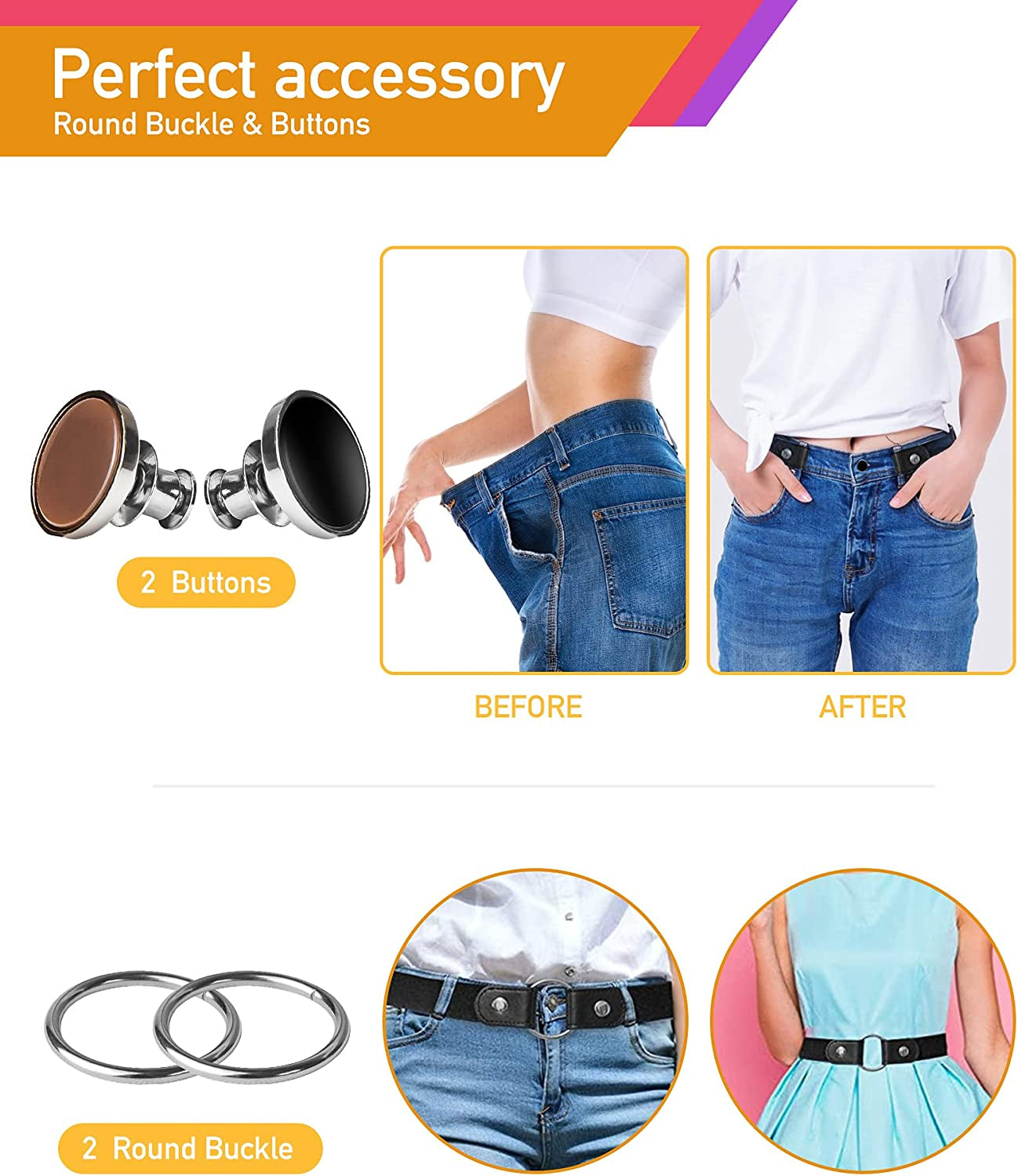 No Buckle Comfortable Elastic Stretch Belts for Womens, Black Elastic Waist Adjustable Invisible Belts for Jeans Pants（2 Sets） Apparel & Accessories > Clothing Accessories > Belts YUNDUOJIA   