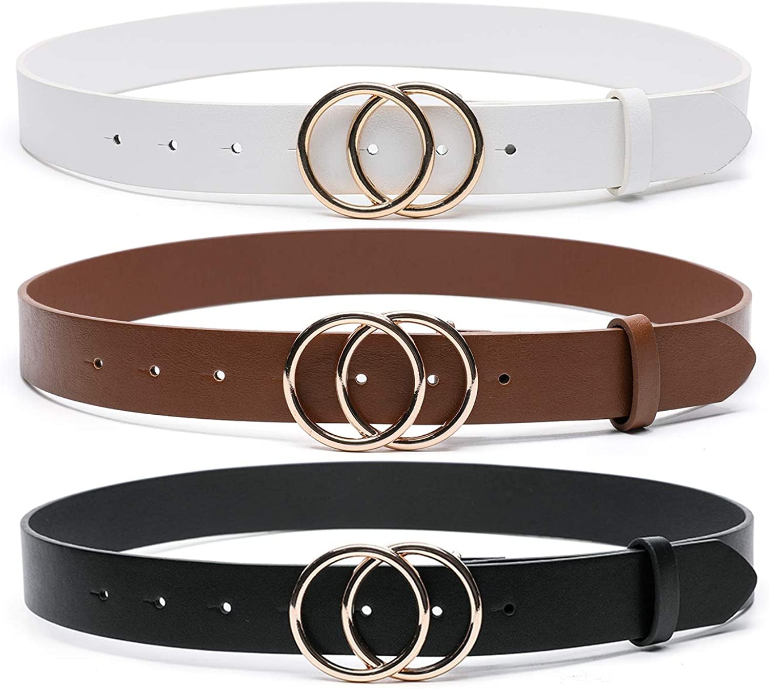 MORELESS 3 Pack Women'S Faux Leather Belts for Jeans Dress Pants, Fashion Waist Belts with Double O-Ring Buckle Apparel & Accessories > Clothing Accessories > Belts MORELESS Black+ Brown+white Suit waistline 31"-34" 