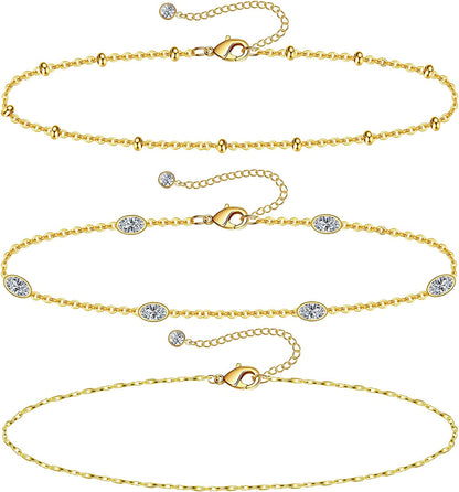 Gold Ankle Bracelets for Women 14K Gold Plated Anklet Silver Rose Gold Evil Eye Tennis Crystal Cubic Zirconia Faux Diamond Rhinestone Anklet Dainty Layered Anklet Set 3Pcs Apparel & Accessories > Jewelry > Anklets Vermeyen G-Yellow Gold-CZ  