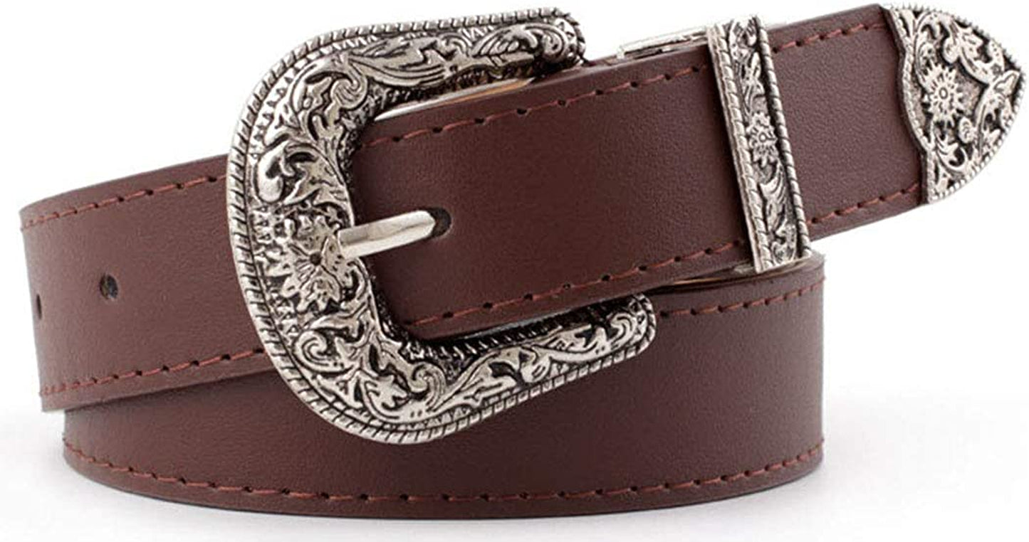 Western-Leather-Belts-Women Vintage Waist-Belts with Hollow Out Flower Buckle Apparel & Accessories > Clothing Accessories > Belts INOGIH Coffee  