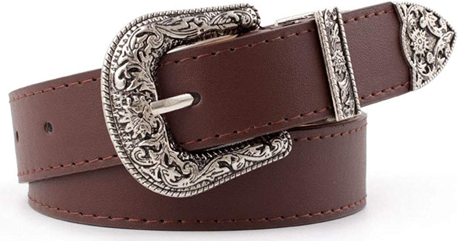 Western-Leather-Belts-Women Vintage Waist-Belts with Hollow Out Flower Buckle Apparel & Accessories > Clothing Accessories > Belts INOGIH Coffee  